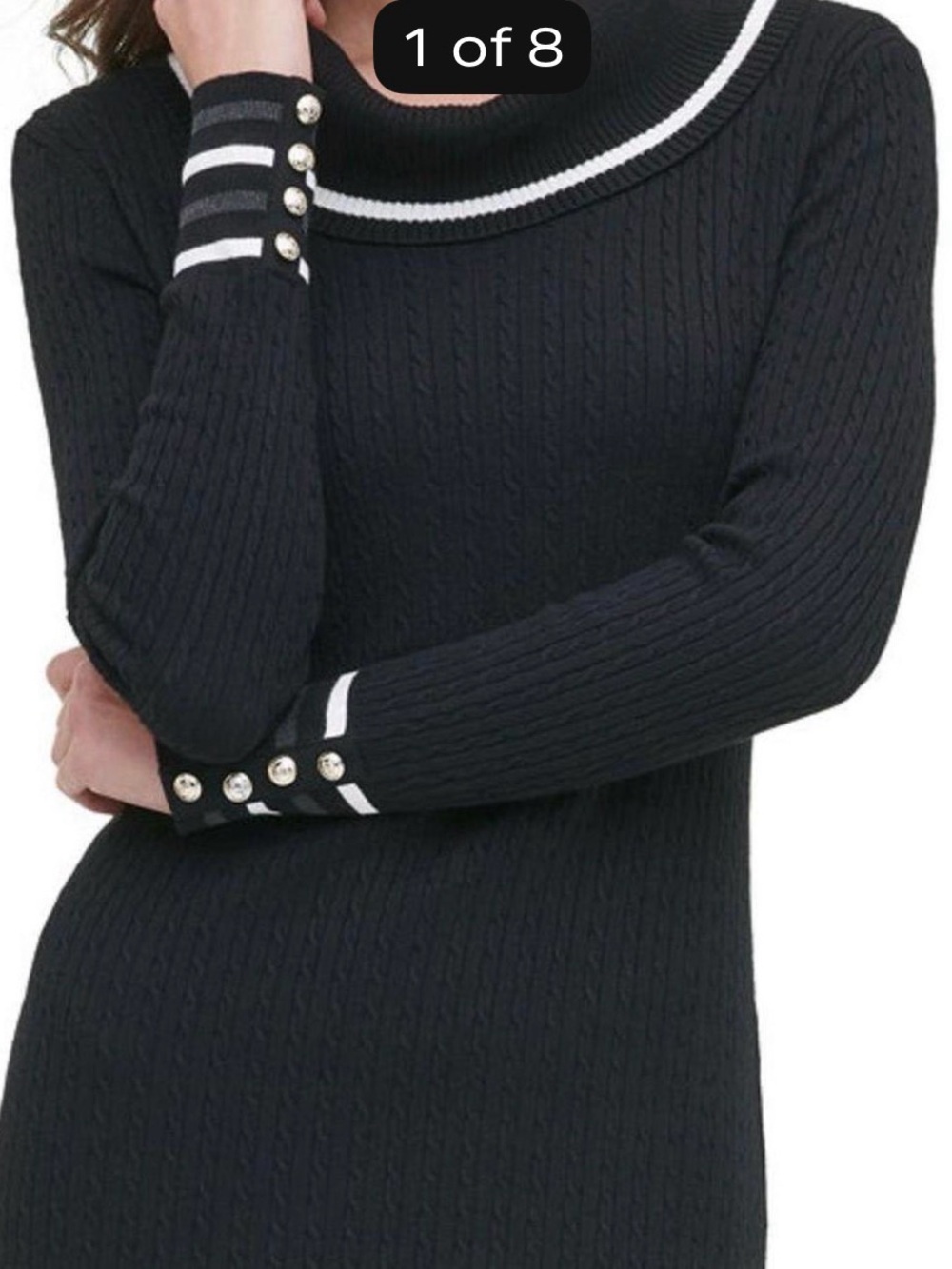 Tommy Hilfiger Dress Lg Cable Knit Sweater Cowl Neck Long Sleeve Black White